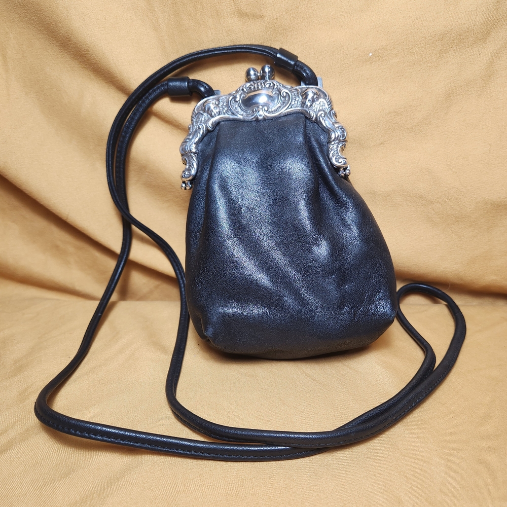 BRIGHTON One World  Crossbody Black Leather Bag Ornate Silver Art Deco Cherubs